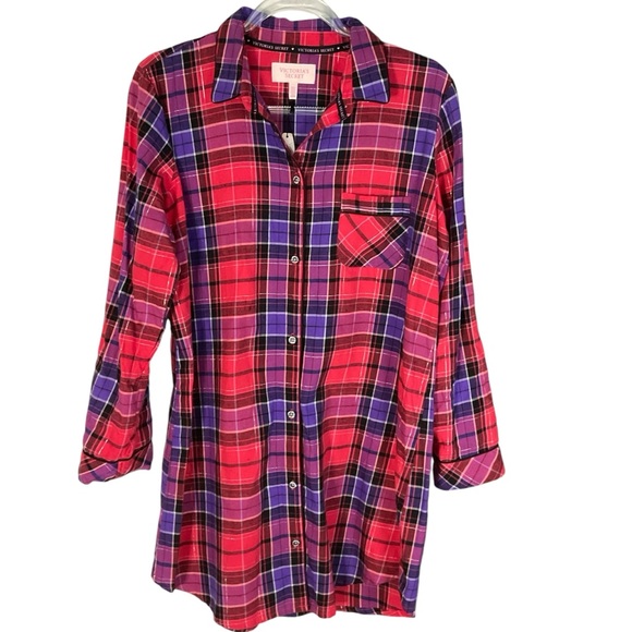 NWT Victoria's Secret Red Purple Plaid Cotton Sleep Shirt Size M - Picture 14 of 15